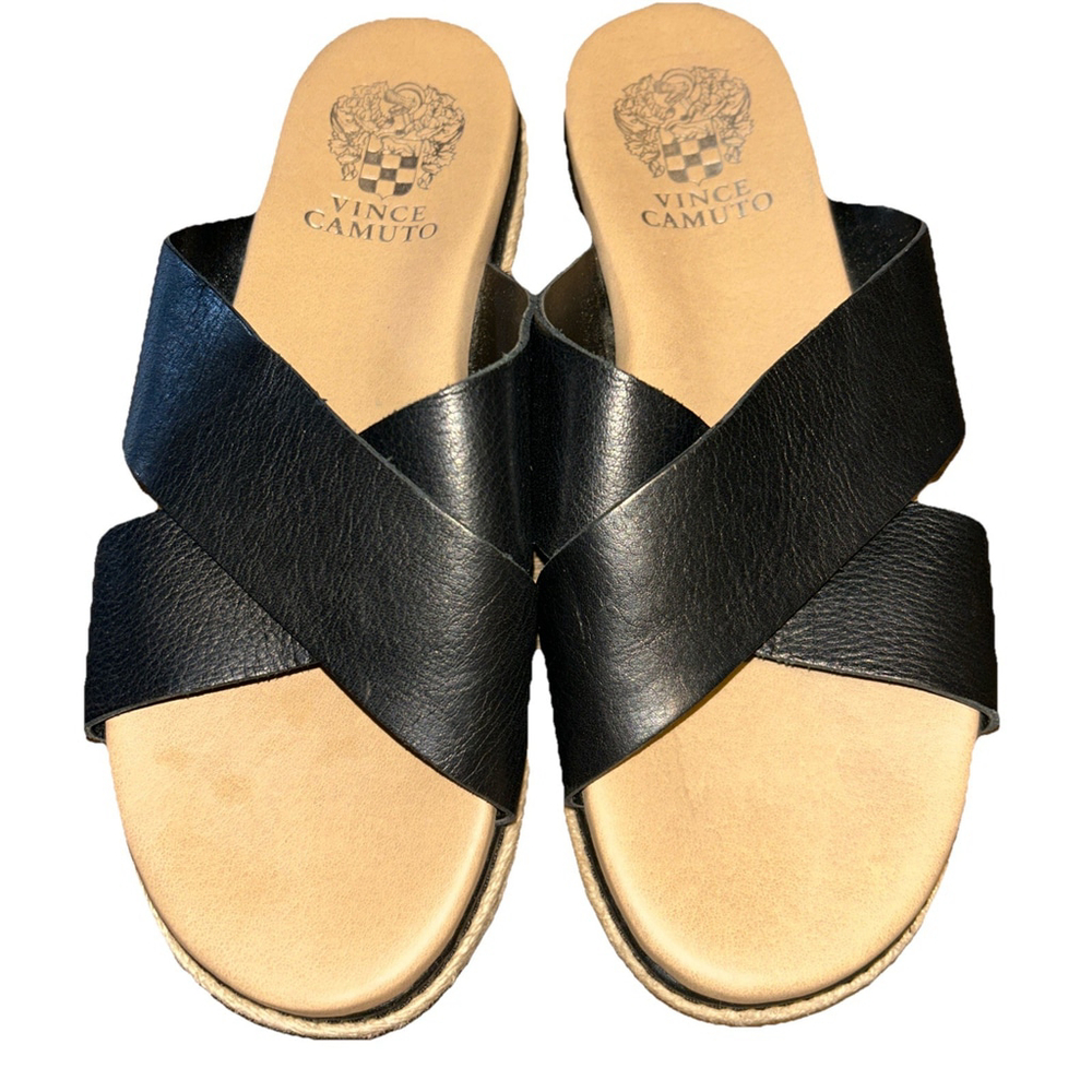 Vince Camuto Rickert Black Leather Cross strap Slide Sandals size 7M/37 1/2